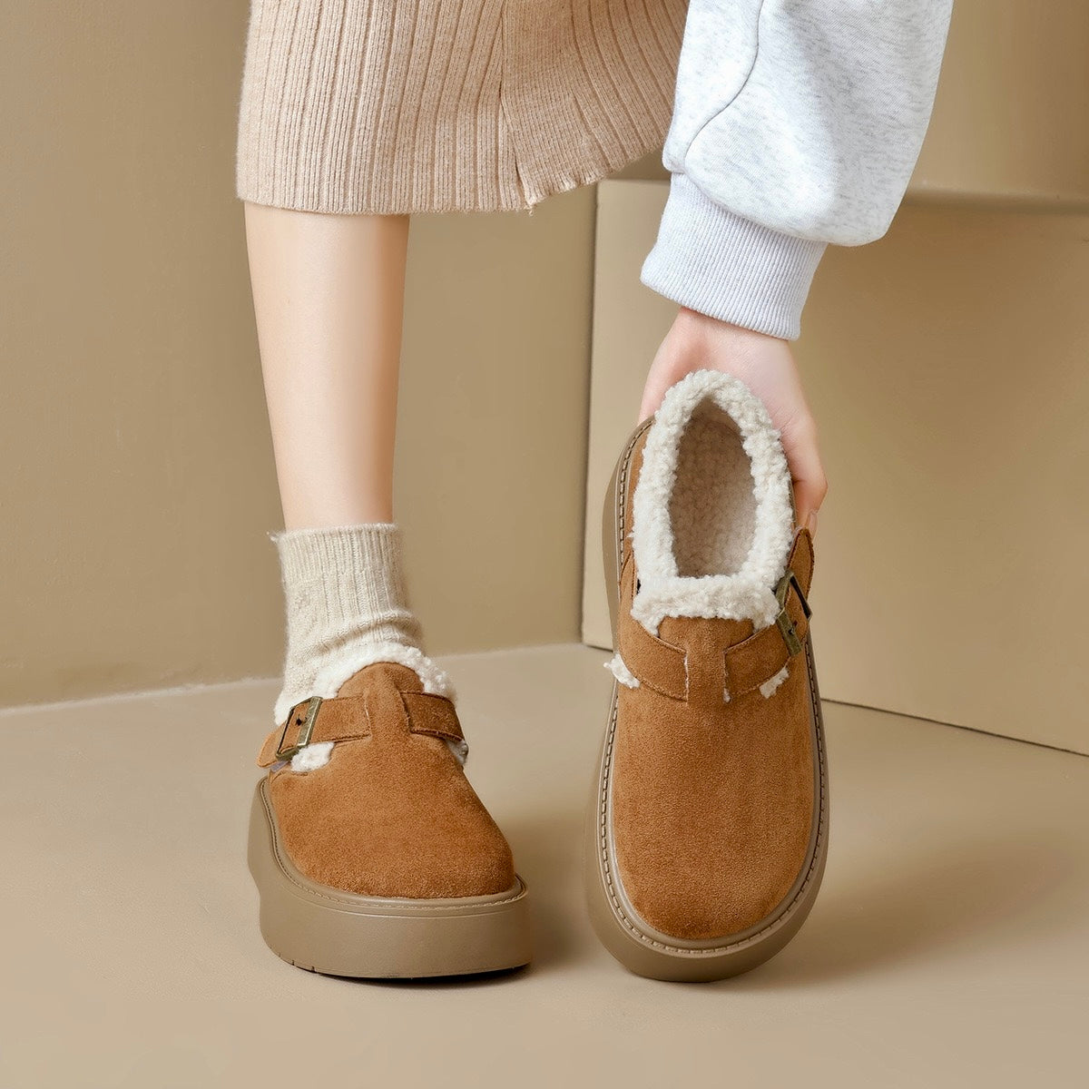 Femmes Mary Jane à Semelle Compensée avec Soutien de la Voûte Plantaire | Chaussures en Suède Doublées en Fourrure