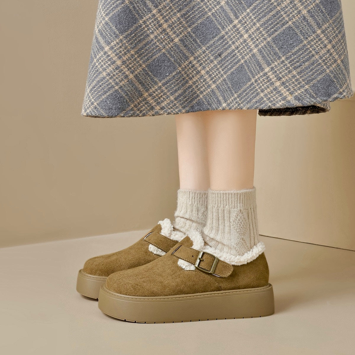 Femmes Mary Jane à Semelle Compensée avec Soutien de la Voûte Plantaire | Chaussures en Suède Doublées en Fourrure