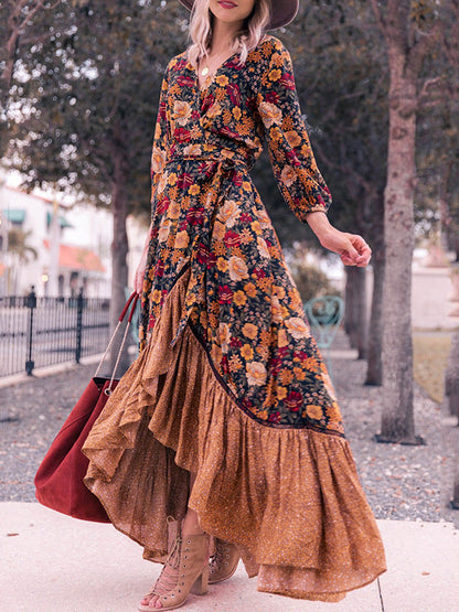 Onbely robe longue volantée Col en V vintage bohème orange
