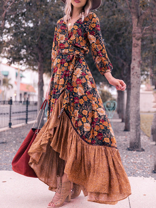 Onbely robe longue volantée Col en V vintage bohème orange