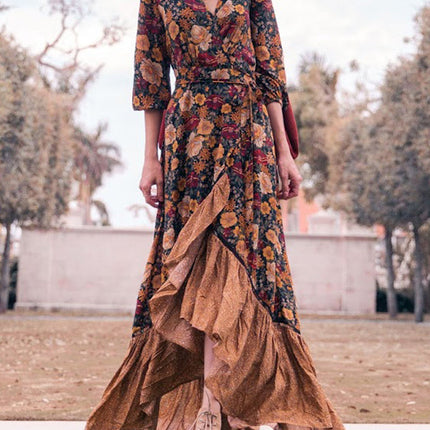 Onbely robe longue volantée Col en V vintage bohème orange boho dress