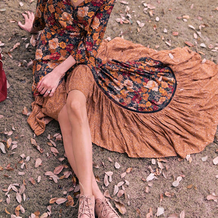 Onbely robe longue volantée Col en V vintage bohème orange boho dress