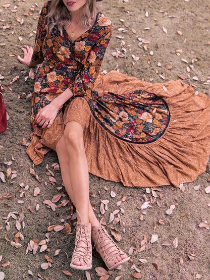 Onbely robe longue volantée Col en V vintage bohème orange