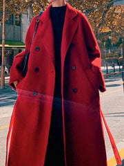 Onbely long coat with belt pockets lapel collar oversized women