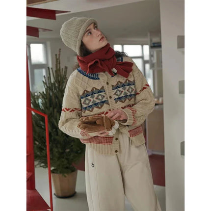 Cardigan de Noël tricoté à motif argyle, style vintage et confortable