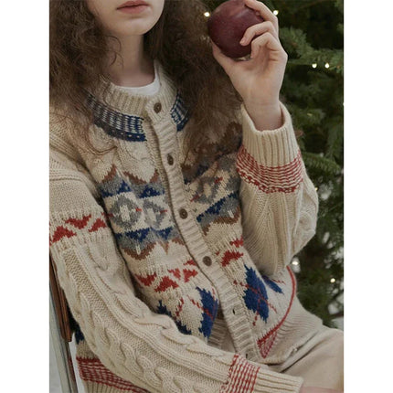 Cardigan de Noël tricoté à motif argyle, style vintage et confortable