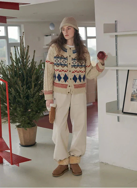 Cardigan de Noël tricoté à motif argyle, style vintage et confortable