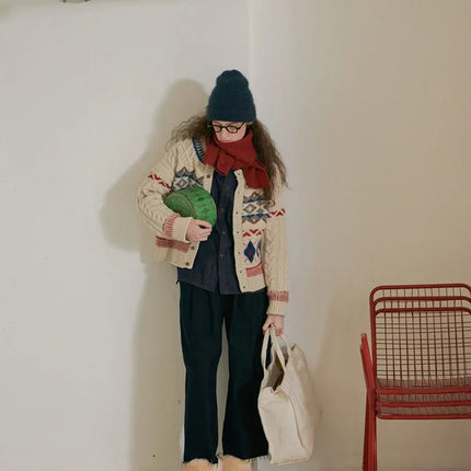 Cardigan de Noël tricoté à motif argyle, style vintage et confortable