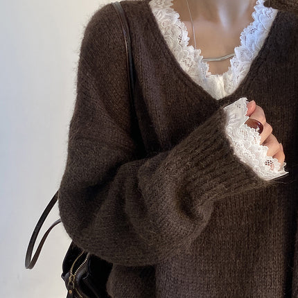 Onbely pull dentelle Col en V pour femme ample casual