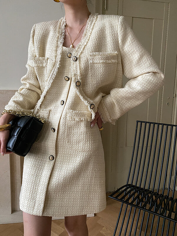 Onbely ensemble veste robe courte tweed boutonnage avec poches femme