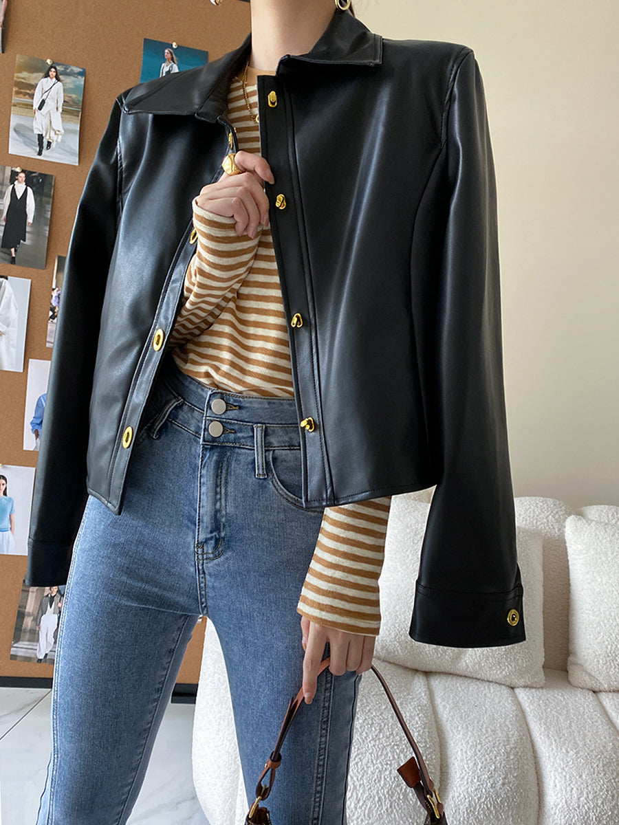 Onbely veste en cuir PU boutonnage femme mode noir