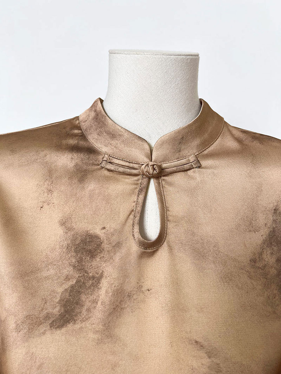 Onbely Cheongsam Qipao Satin Dorée Élégant Sans Manches