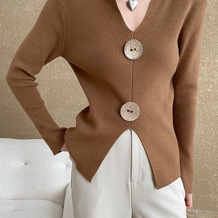 Onbely pull en maille moulante Col en V boutons pour femme mode