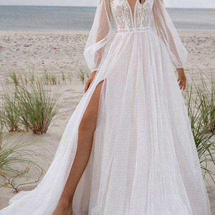 Onbely robe de mariée princesse fendu le côté manches bouffantes bohème boho dress