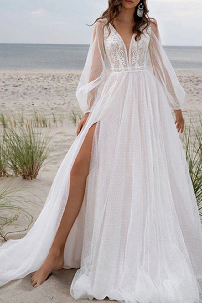 Onbely robe de mariée princesse fendu le côté manches bouffantes bohème boho dress