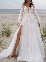 Onbely princess wedding dress side slit puff sleeves bohemian