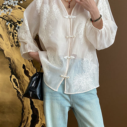 Onbely blouse 2-In-1 bouton chinois à nœud brodée