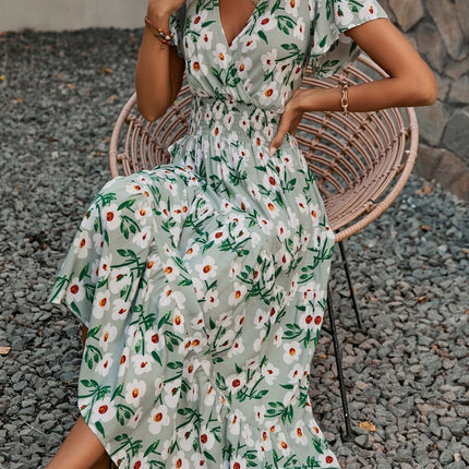 Onbely robe longue fleurs col en V manches courtes mode vacances tous les jours boho dress