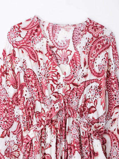 Onbely Robe Midi Bohème Paisley brodée V-col Manches Longues Vacances