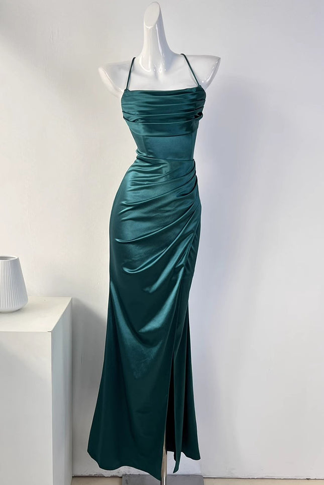 Onbely Robe de soirée longue en satin Fendu côté dos nu & bretelles fines pour événements élégants