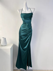 Onbely Long Satin Evening Dress Side Slit Open Back &amp; Thin Straps for Elegant Events