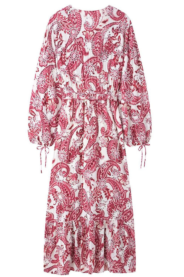 Onbely Robe Midi Bohème Paisley brodée V-col Manches Longues Vacances boho dress