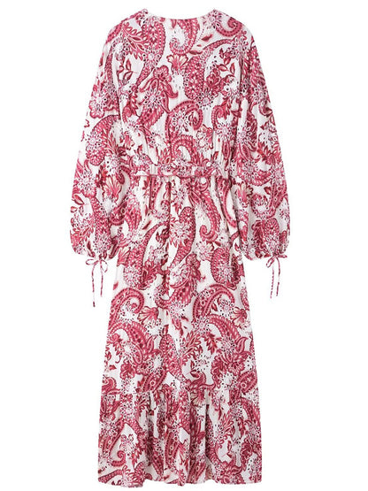 Onbely Robe Midi Bohème Paisley brodée V-col Manches Longues Vacances