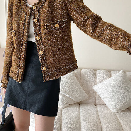 Onbely veste courte en tweed boutonnage avec poches col rond femme mode