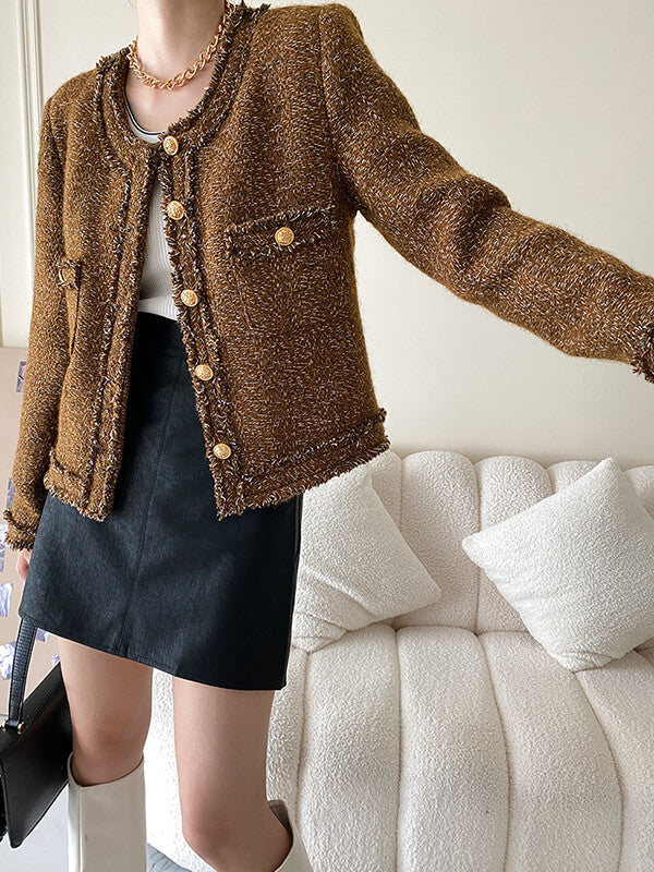 Onbely veste courte en tweed boutonnage avec poches col rond femme mode