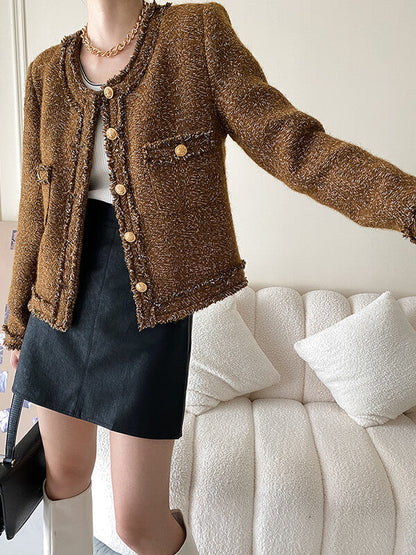 Onbely veste courte en tweed boutonnage avec poches col rond femme mode