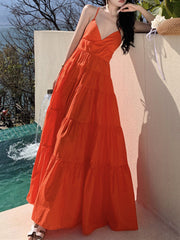 Onbely Orange Long Maxi Dress with Thin Straps and Open Back Beach Dress