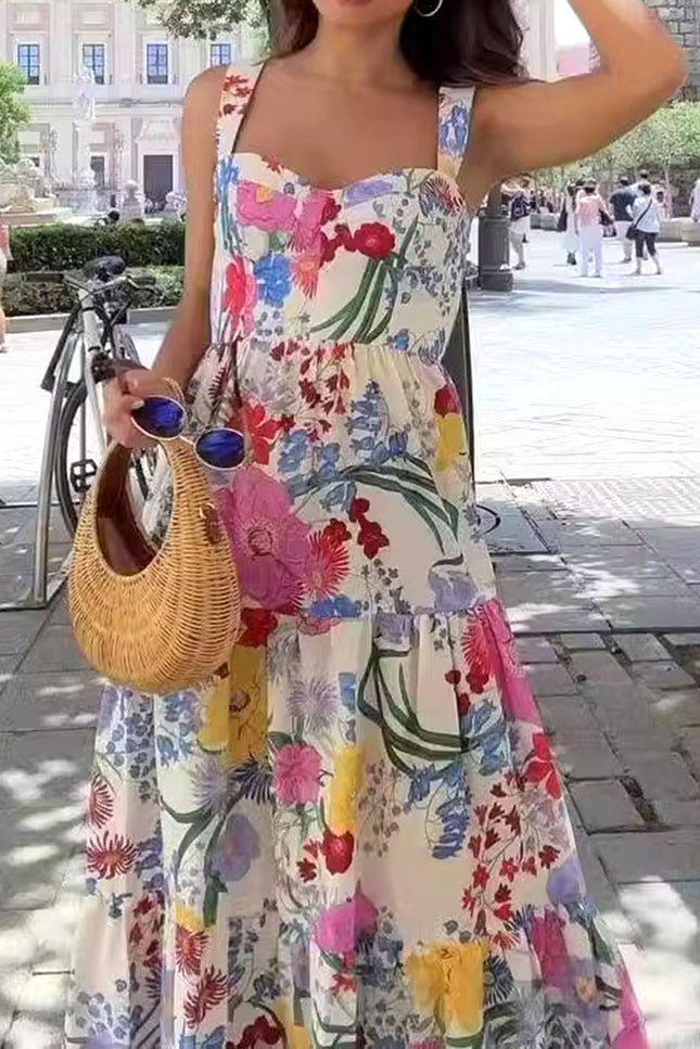 Onbely roeb longue de plage trapèze imprimé à fleurie bretelle