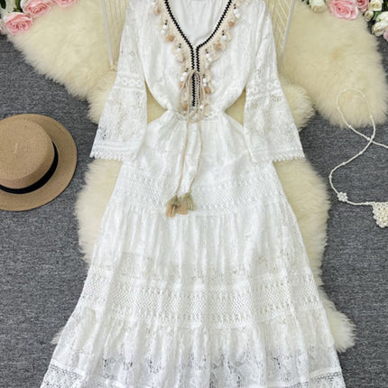 Onbely robe longue bohème à broderie anglaise avec pompons et manches évasées pour plage et vacances boho dress