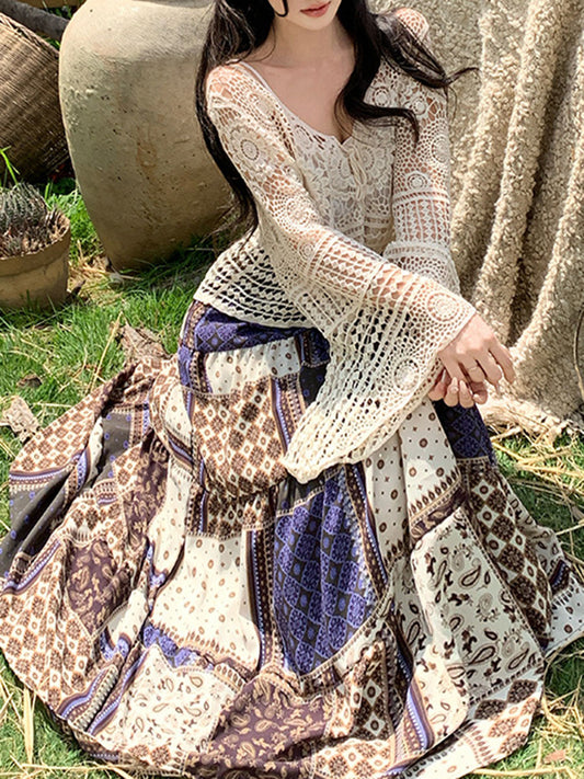 Onbely Jupe Longue Ethnique Vintage Bohème Imprimé Fleurie Taille Haute Violet pour Femme boho dress