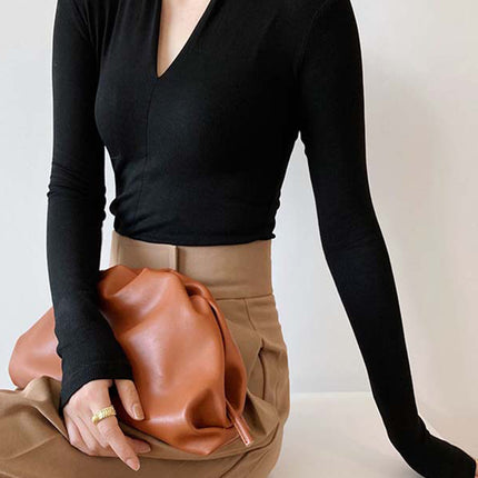 Onbely haut tricot côtelé Col en V manches longues femme