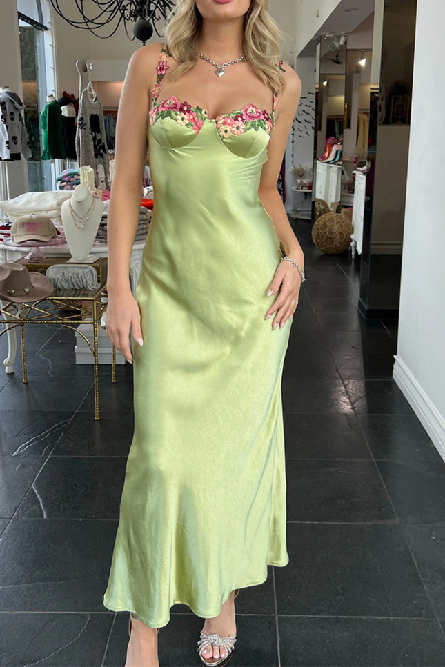 Onbely Robe de soirée longue en satin brodée avec fines brides verte pour bal de promo un mariage
