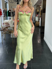 Onbely Green Long Evening Dress in Embroidered Satin with Thin Straps for Prom and Wedding