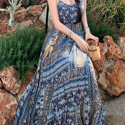 Onbely robe longue imprimé à fleurie à fines brides bohème bleu boho dress