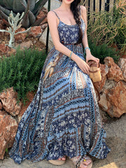 Onbely long dress with floral print and thin bohemian straps in blue