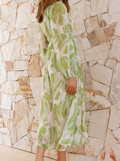 Onbely robe longue imprimé tropicale mousseline v-cou manches longues mode vacances