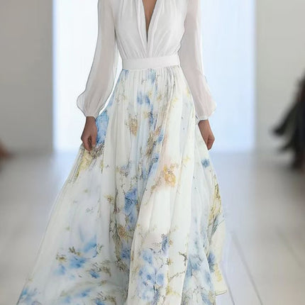 Onbely robe longue imprimé floral col en V manches bouffantes manches longues taille marquée élégant mode anniversaire cérémonie