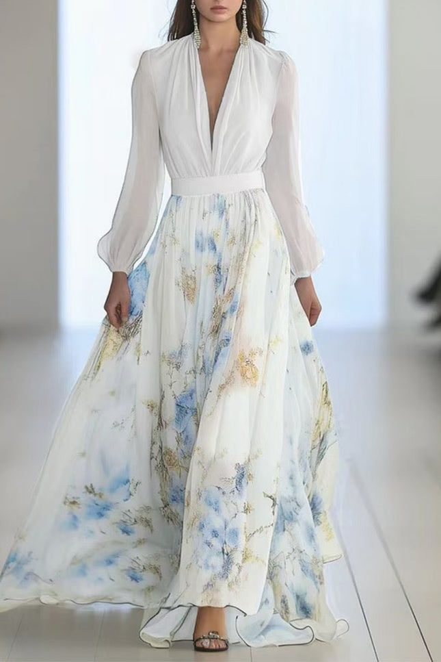 Onbely robe longue imprimé floral col en V manches bouffantes manches longues taille marquée élégant mode anniversaire cérémonie