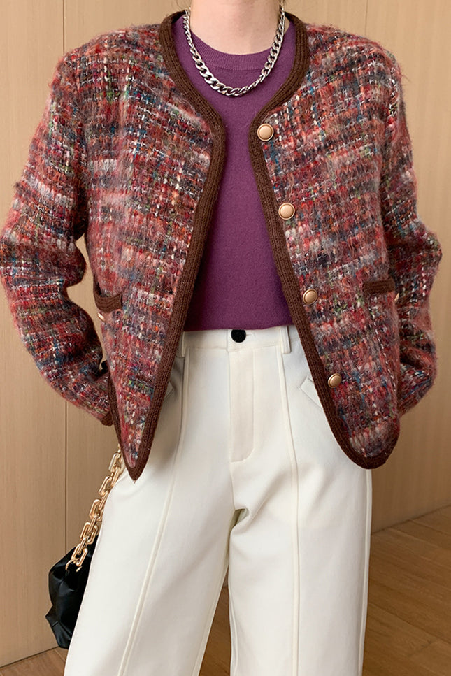 Onbely veste en tweed carreaux liseré contrastant femme rouge élégant noël