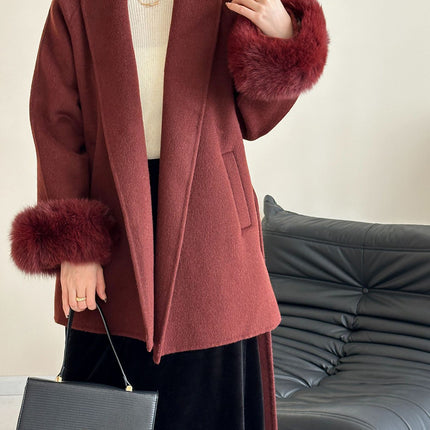 Onbely manteau en laine courte fausse fourrure avec ceinture pour femme