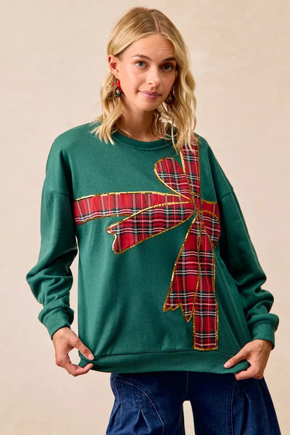 Sweat de Noël en polaire à ruban écossais et nœud décoratif