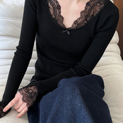 Onbely pull en maille dentelle Col en V manches évasées femme élégant