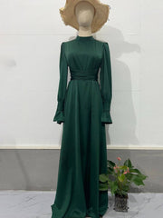 Onbely robe longue en satin femme élégante douce col roulé à volants manches bouffantes soirée anniversaire cérémonie