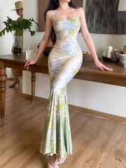 Onbely Long Satin Mermaid Evening Dress with Floral Print and Thin Straps Bohemian