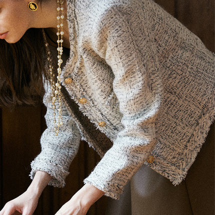 Onbely veste courte en tweed boutonnage avec poches col rond femme mode