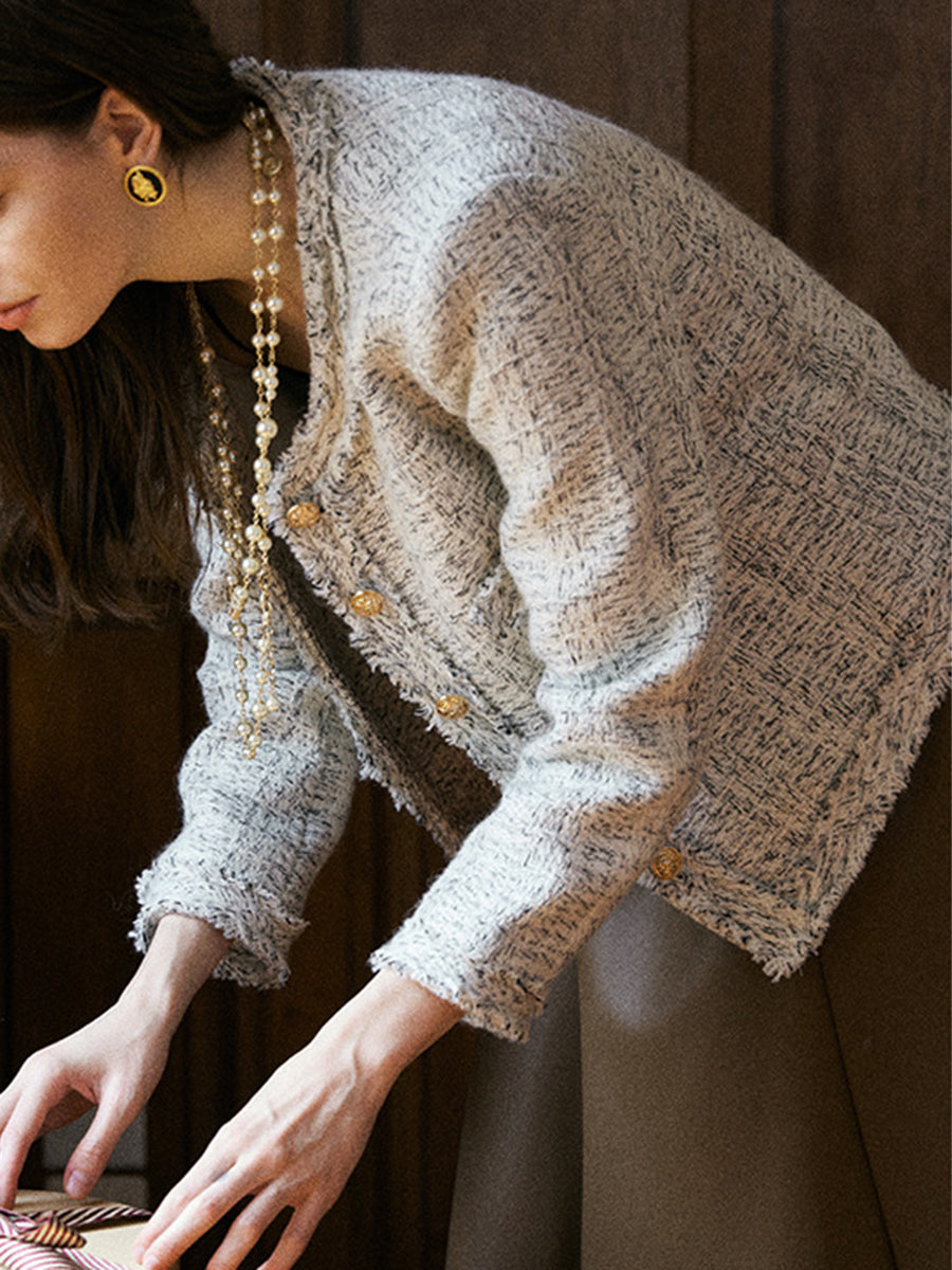 Onbely veste courte en tweed boutonnage avec poches col rond femme mode